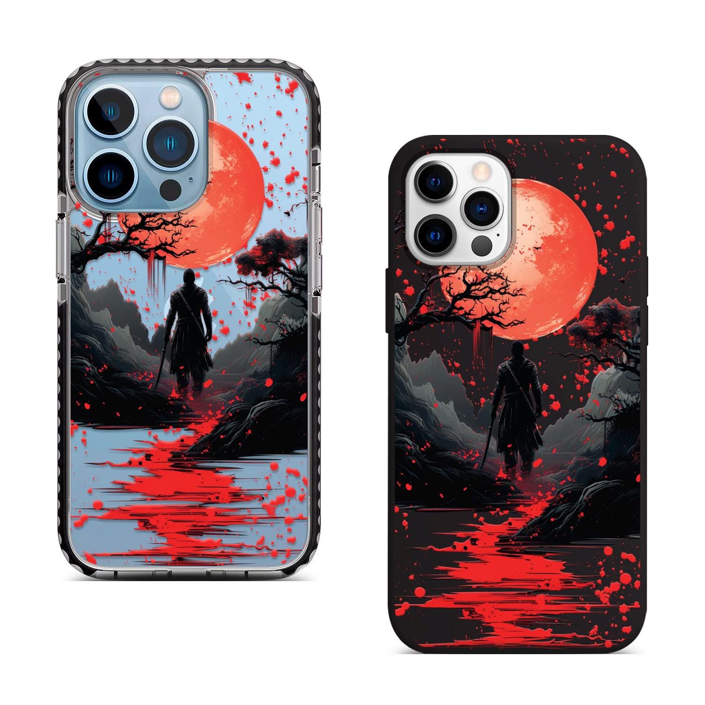 Samurai Moon iPhone 16 Pro Max Case, Red Moon Art Phone Cover for iPhone 15 with MagSafe, Dark Samurai Custom Case
