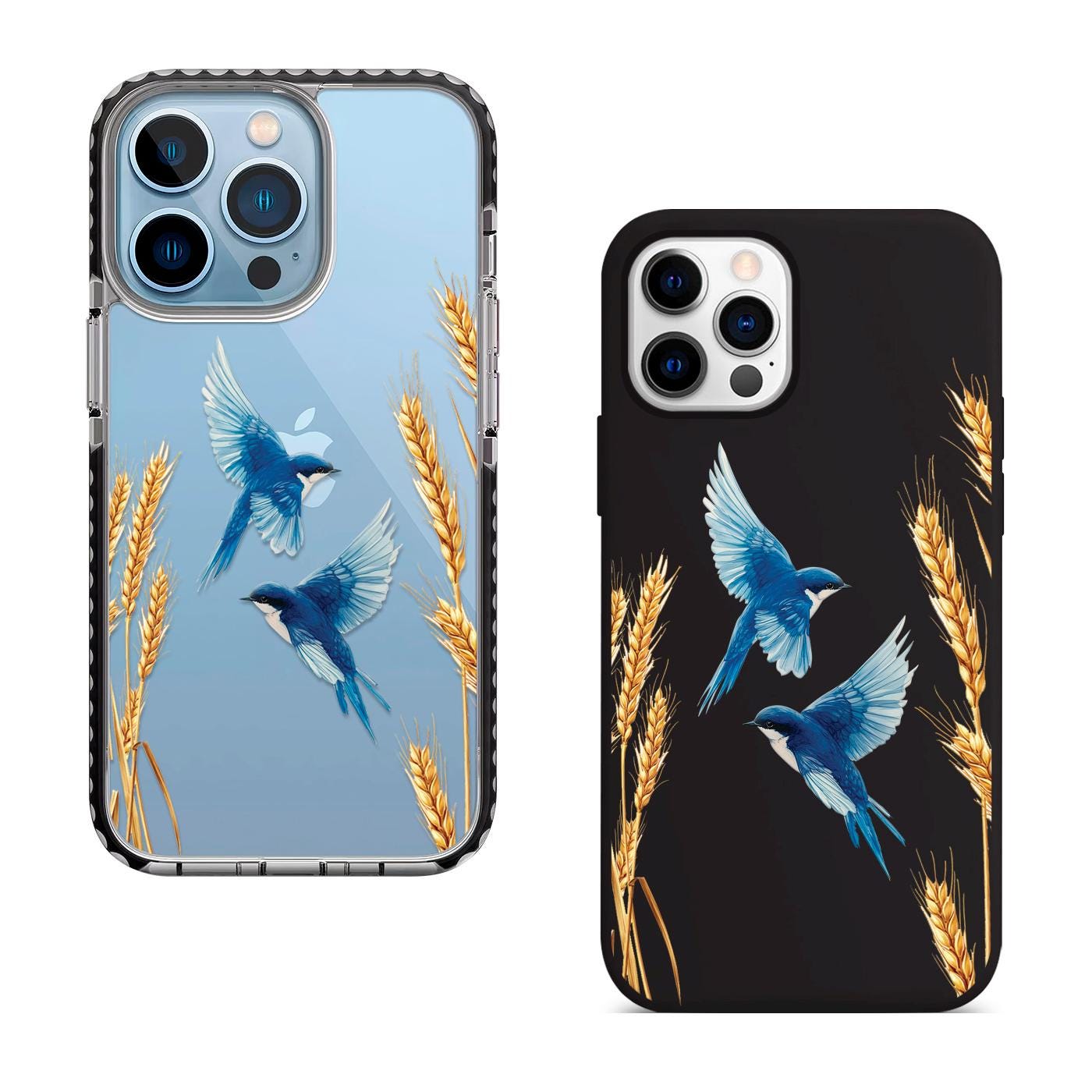 Blue Birds iPhone 16 Pro Max Case, Nature Art Phone Cover for iPhone 15 with MagSafe, Custom Wheat Design Case
