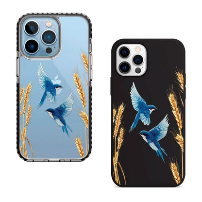 Blue Birds iPhone 16 Pro Max Case, Nature Art Phone Cover for iPhone 15 with MagSafe, Custom Wheat Design Case