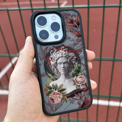 Floral Medusa iPhone 16 Pro Max Case, Artistic Snake Design Cover for iPhone 15 with MagSafe, Mythical Greek Floral Case