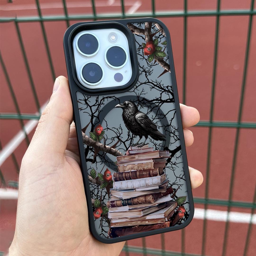 Gothic Bookish Phone Case iPhone 16 Pro Max Case, Raven Books Cover for iPhone 15 with MagSafe Samsung S24 S25 Ultra, Dark Fantasy Gift Case