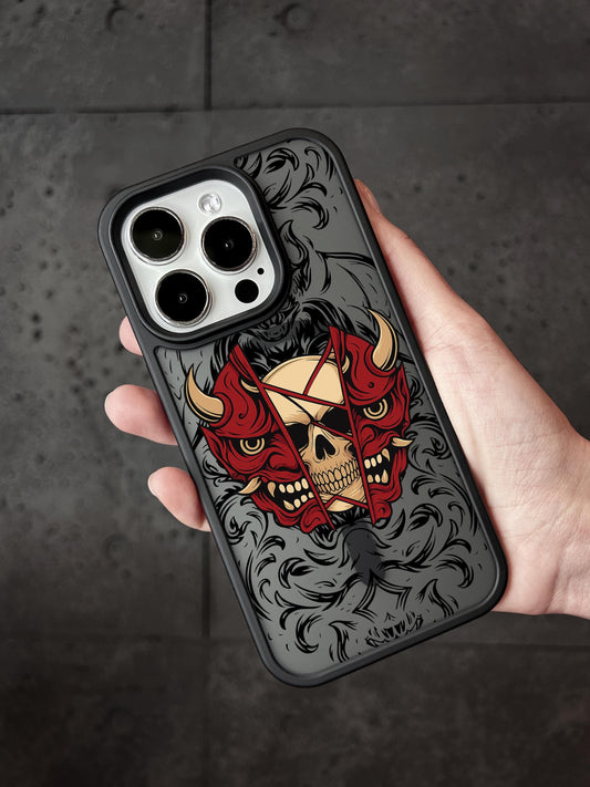 a person holding a phone case with a skull on it
