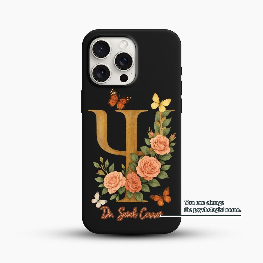 Psychologist iPhone 16 Pro Max Case, Custom Name Psi Symbol Floral Phone Cover for iPhone 15 with MagSafe, Personalized Mental Health Gift