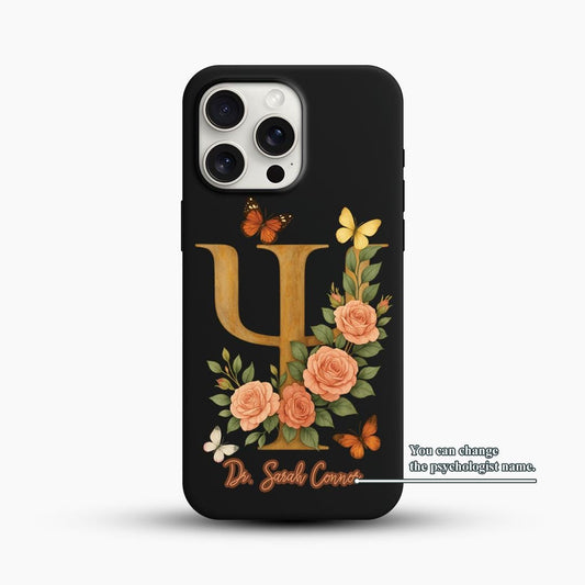 Psychologist iPhone 16 Pro Max Case, Custom Name Psi Symbol Floral Phone Cover for iPhone 15 with MagSafe, Personalized Mental Health Gift