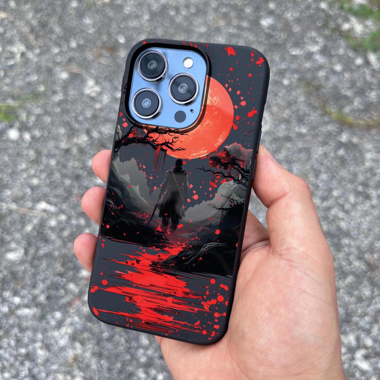 Samurai Moon iPhone 16 Pro Max Case, Red Moon Art Phone Cover for iPhone 15 with MagSafe, Dark Samurai Custom Case