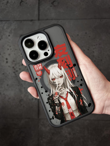 A person&#39;s hand holding a phone case featuring an anime-style illustration of a character with horns and red eyes.