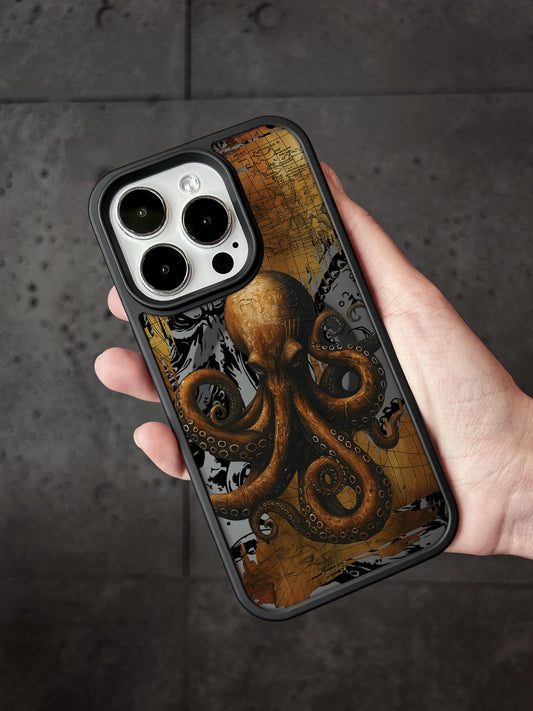 a hand holding an iphone case with an octopus on it