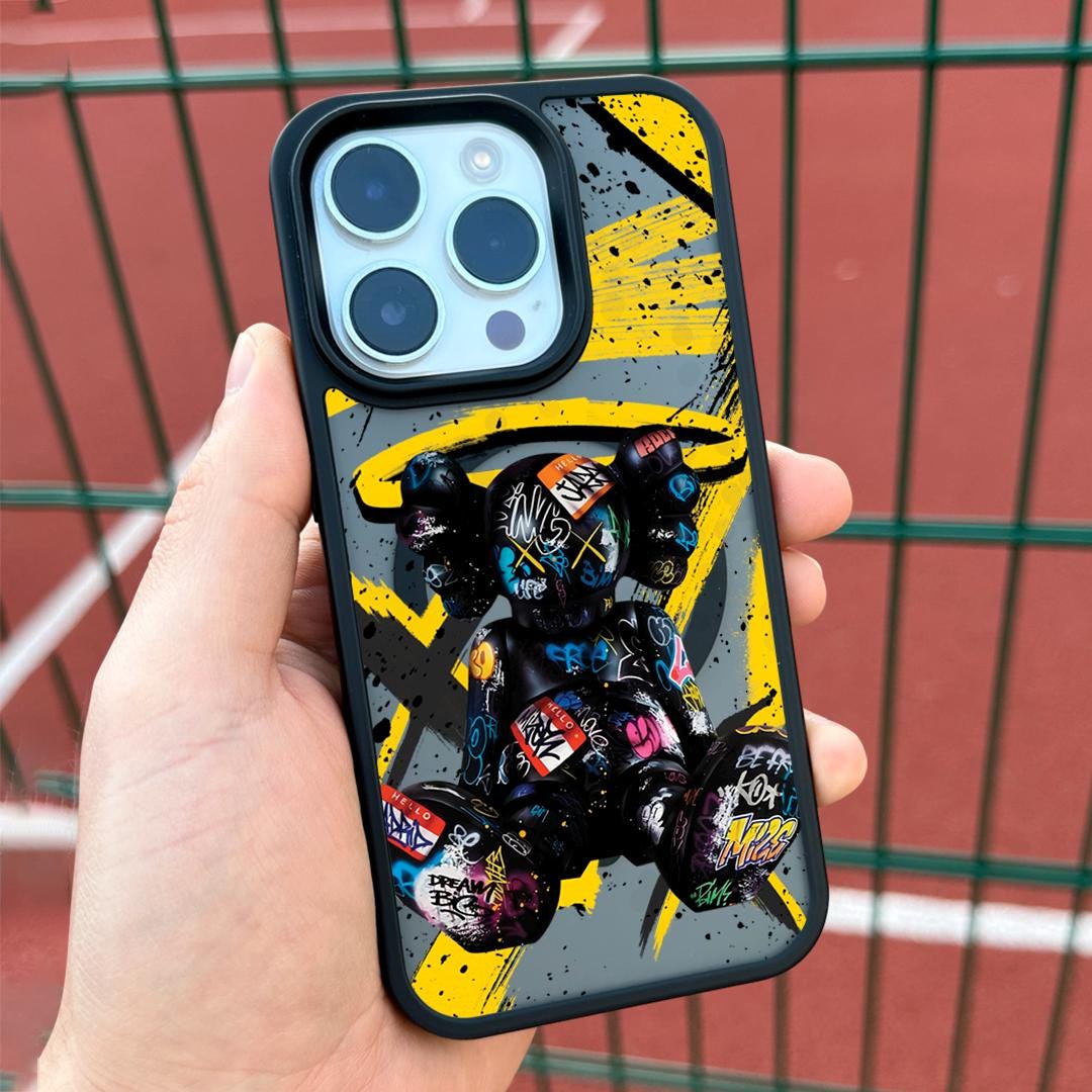 Urban Chaos Bear iPhone 16 Pro Max Case, Graffiti Art Phone Cover for iPhone 15 with MagSafe, Street Style Custom Case