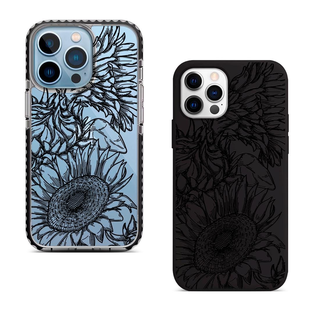 Black Sunflower Floral Print iPhone 16 Pro Max Case, Elegant Botanical Flower Line Art Cover for iPhone 15 with MagSafe Samsung S24 FE S25