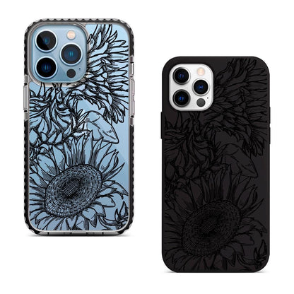Black Sunflower Floral Print iPhone 16 Pro Max Case, Elegant Botanical Flower Line Art Cover for iPhone 15 with MagSafe Samsung S24 FE S25