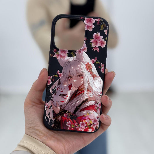 Fox Mask Girl iPhone 16 pro max Case, Sakura Art Phone Cover for iPhone 15 with MagSafe, Elegant Floral Anime Case Samsung S24 FE S25