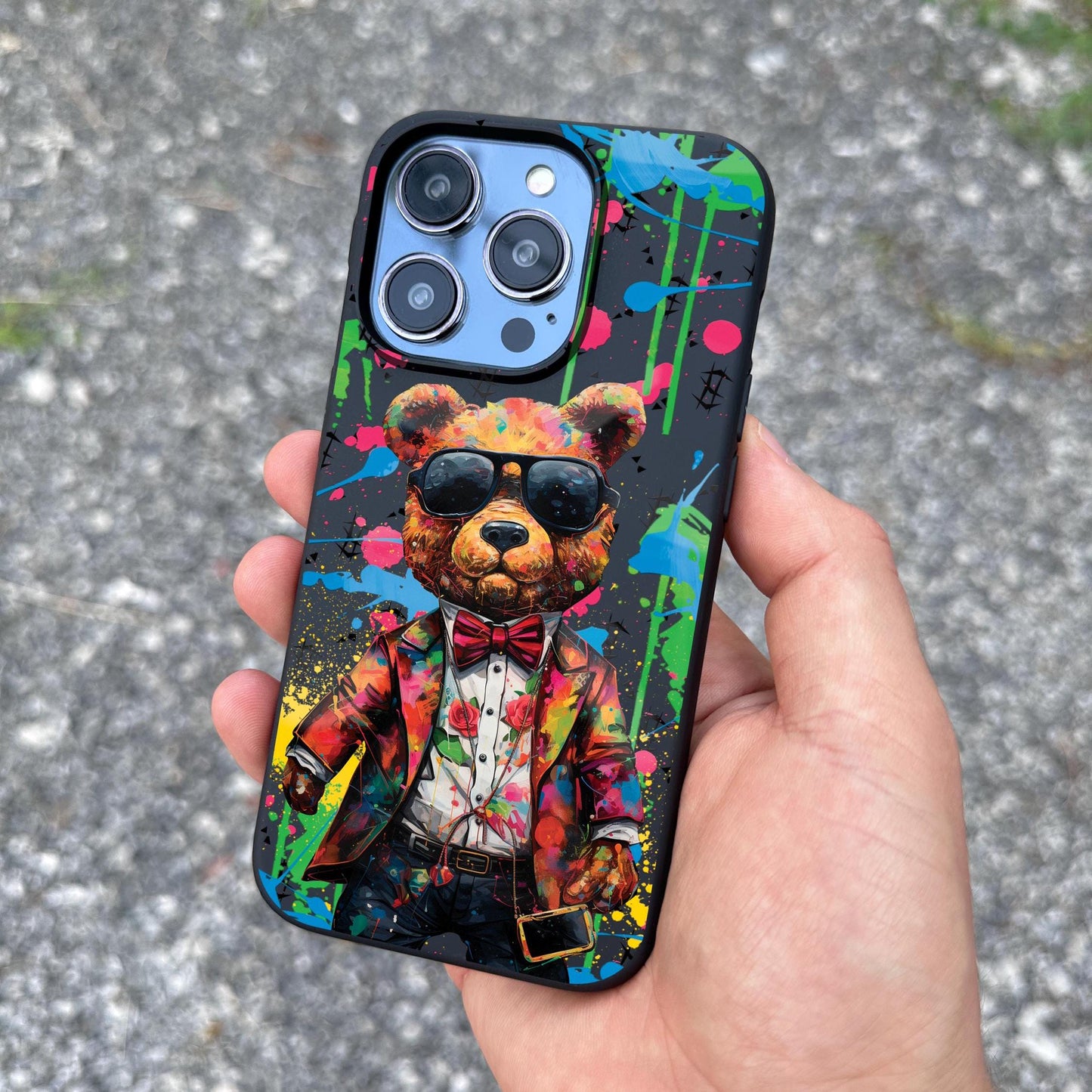 Dapper Bear Art iPhone 16 Pro Max Case, Stylish Phone Cover for iPhone 15 with MagSafe, Trendy Graffiti Design Samsung S24 FE S25
