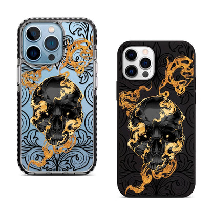Golden Smoke Skull iPhone 16 Pro Max Case, Gothic Skull Art Cover for iPhone 15 with MagSafe, Dark Grunge Phone Case Samsung S24 FE S25