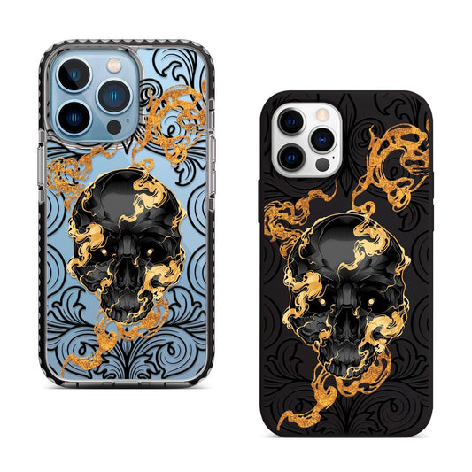 Golden Smoke Skull iPhone 16 Pro Max Case, Gothic Skull Art Cover for iPhone 15 with MagSafe, Dark Grunge Phone Case Samsung S24 FE S25