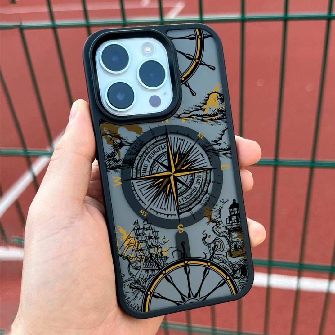 Vintage Compass iPhone 16 Pro Max Case, Nautical Art Phone Cover for iPhone 15 with MagSafe, Artistic Navigation Custom Case