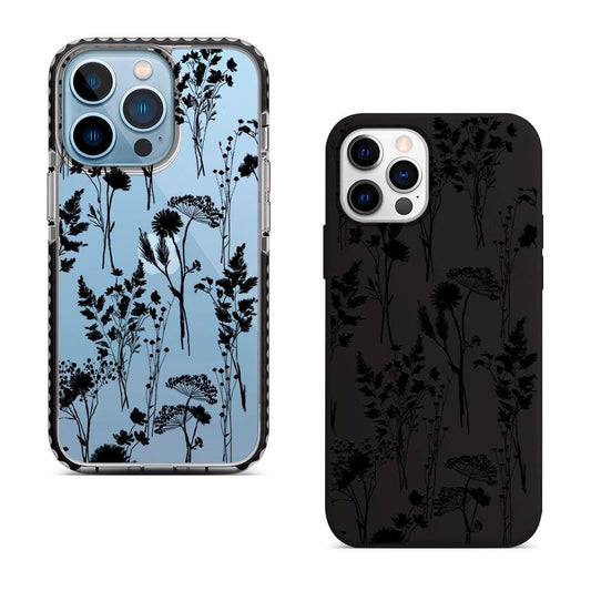 Black Wild Flower iPhone 16 Pro Max Case, Transparent Black Floral Phone Cover for iPhone 15 with MagSafe Samsung S24 FE S25 Case