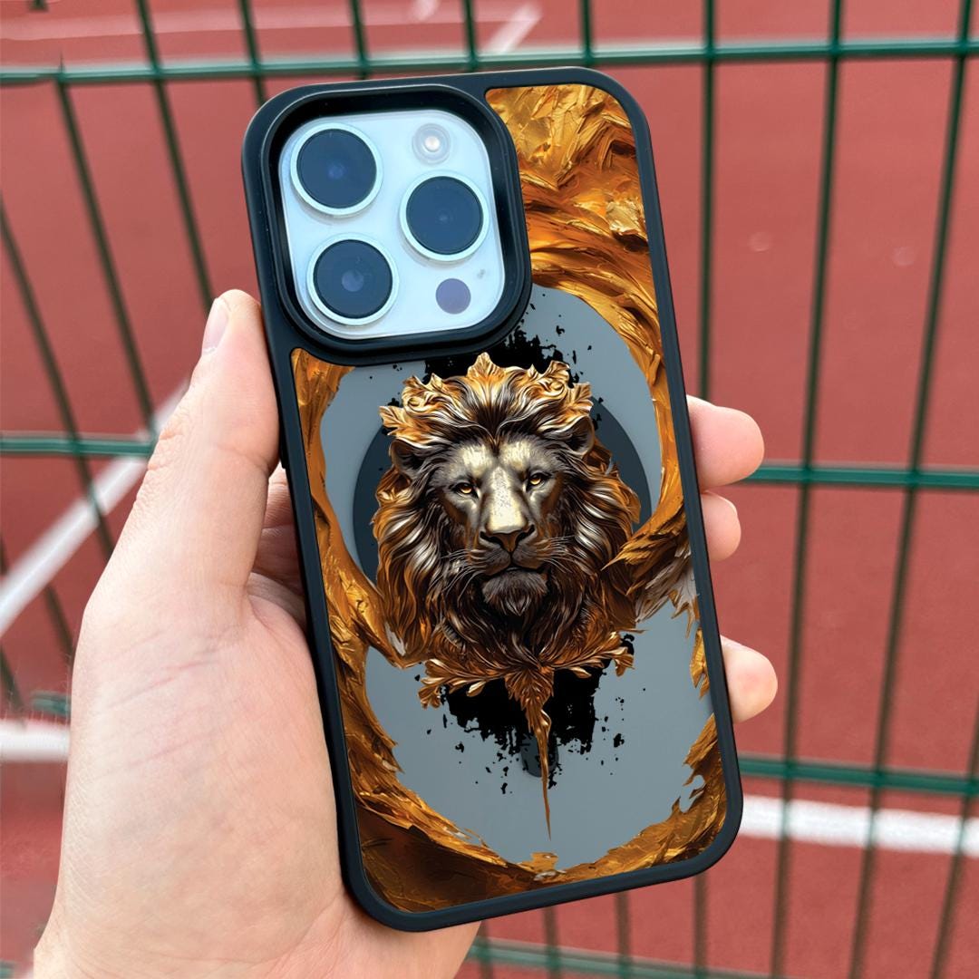 Golden Lion King iPhone 16 Pro Max Case, Regal Crowned Animal Cover for iPhone 15 with MagSafe, Jungle Beast Phone Case Samsung S24 FE S25