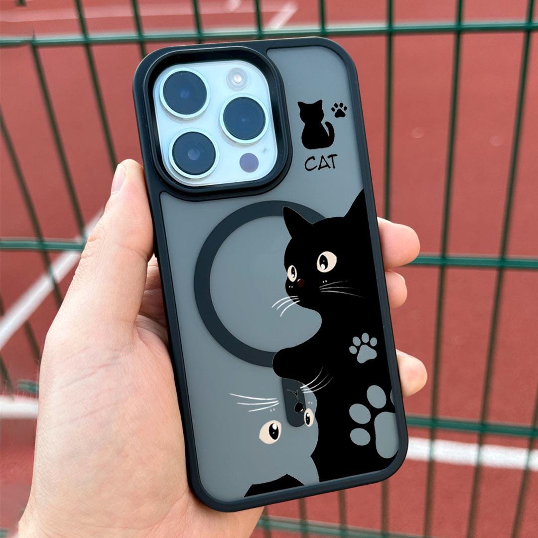 Black Cat iPhone 16 Pro Max Case, Cute Cat Art Phone Cover for iPhone 15 with MagSafe, Custom Pet Design Case