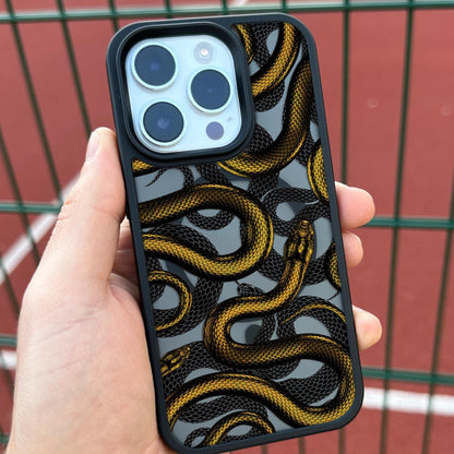 Golden Snake iPhone 16 Pro Max Case, Serpent Art Phone Cover for iPhone 15 with MagSafe, Luxurious Reptile Design