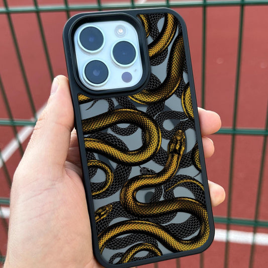Golden Snake iPhone 16 Pro Max Case, Serpent Art Phone Cover for iPhone 15 with MagSafe, Luxurious Reptile Design