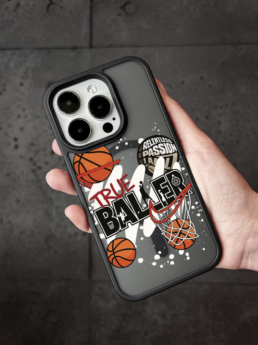 A person&#39;s hand holding a phone case with a basketball-themed design.