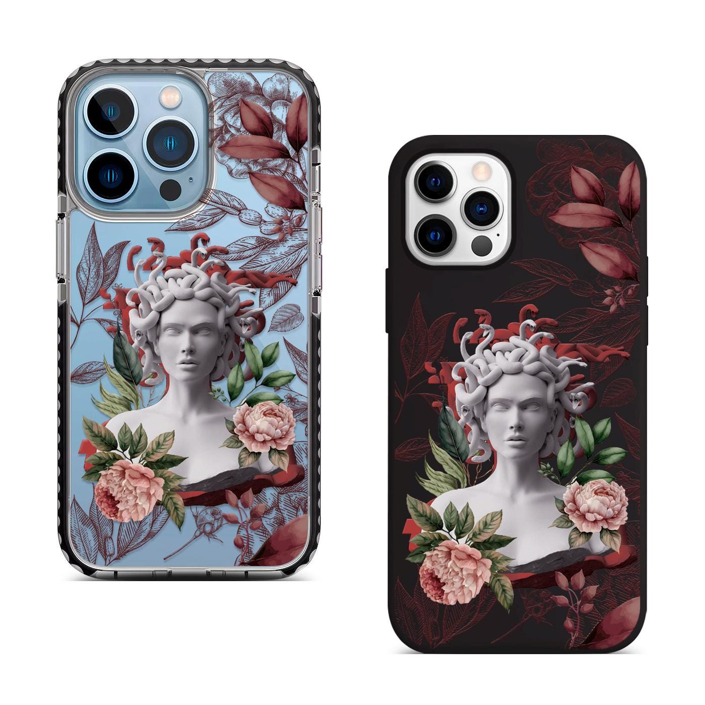 Floral Medusa iPhone 16 Pro Max Case, Artistic Snake Design Cover for iPhone 15 with MagSafe, Mythical Greek Floral Case