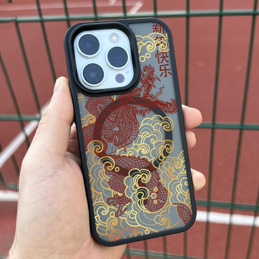 Golden Red Dragon iPhone 16 Pro Max Case, Chinese Art Cover for iPhone 15 with MagSafe, Artistic Mythical Design Case