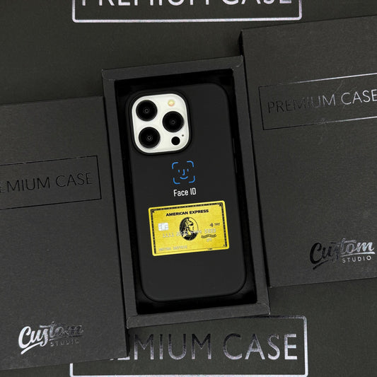 Gold Card Face ID iPhone 16 Pro Max Case, Luxury Card Design Phone Cover for iPhone 15 with MagSafe, Modern Custom Case Samsung S24 FE S25