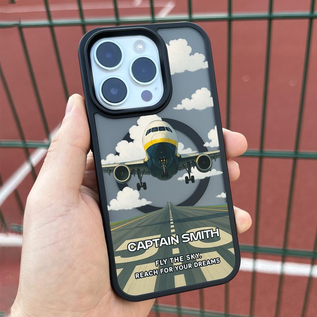 Pilot Plane Art iPhone 16 Pro Max Case, Custom Name Jet Cover for iPhone 15 with MagSafe, Personalized Aviation Gift Case