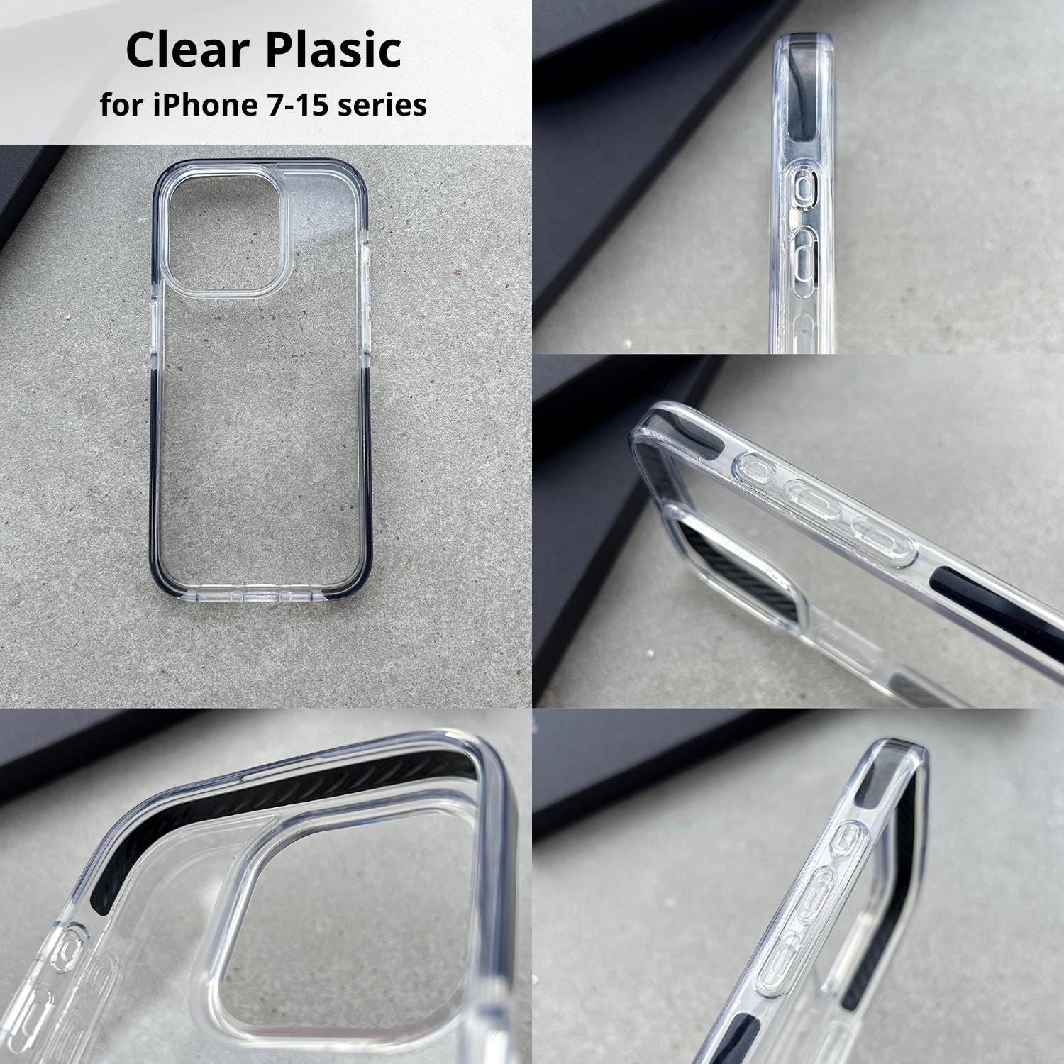 four photos of a clear plastic case for an iphone