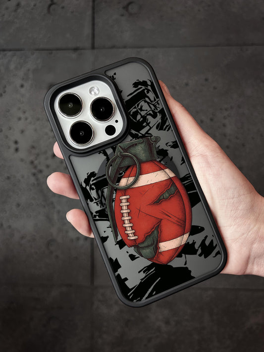 A hand holding a phone case with a football graphic on it.