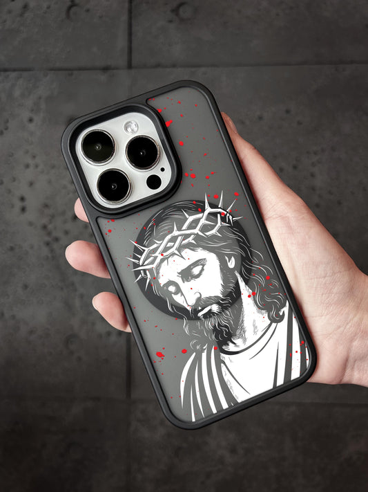 a person holding a phone case with a picture of jesus on it