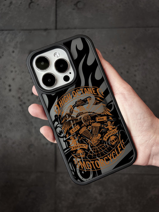 a person holding a phone case with a picture of a motorcycle