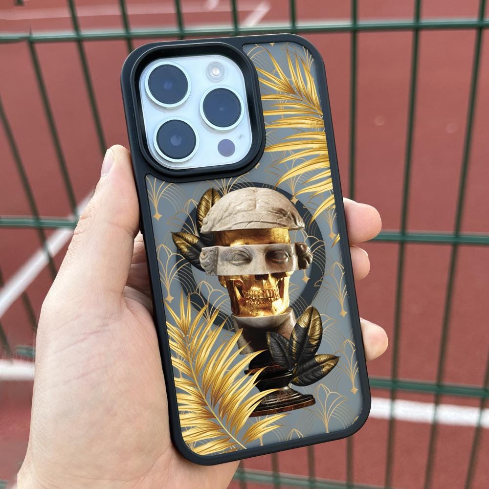 Golden Skull Statue iPhone 16 Pro Max Case, Abstract Roman Head Phone Cover for iPhone 15 with MagSafe, Baroque Bust Art Samsung S24 FE S25