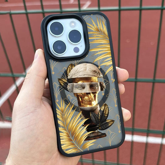Golden Skull Statue iPhone 16 Pro Max Case, Abstract Roman Head Phone Cover for iPhone 15 with MagSafe, Baroque Bust Art Samsung S24 FE S25