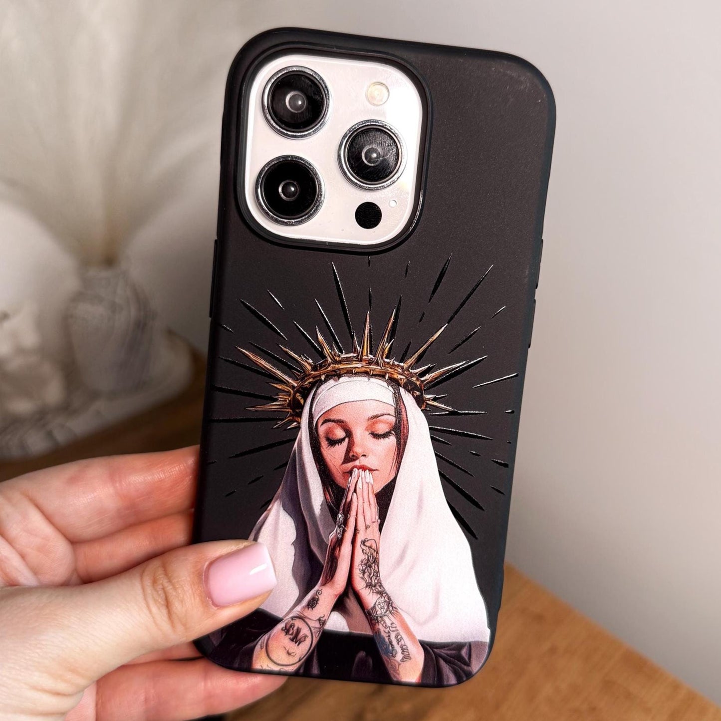 Holy Inked Nun iPhone 16 Pro Max Case, Tattooed Prayer Art Phone Cover for iPhone 15 with MagSafe, Edgy Religious Custom Case