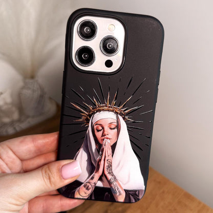 Holy Inked Nun iPhone 16 Pro Max Case, Tattooed Prayer Art Phone Cover for iPhone 15 with MagSafe, Edgy Religious Custom Case