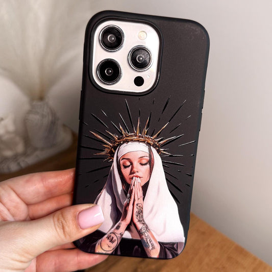 Holy Inked Nun iPhone 16 Pro Max Case, Tattooed Prayer Art Phone Cover for iPhone 15 with MagSafe, Edgy Religious Custom Case