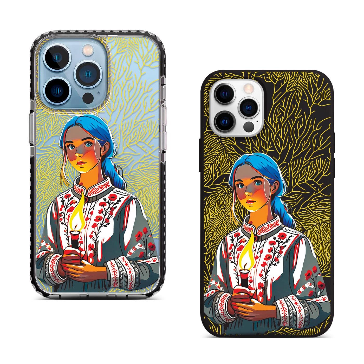 Ukrainian Candle Girl iPhone 16 Pro Max Case, Ethnic Art Phone Cover for iPhone 15 with MagSafe, Custom Folk Design Case