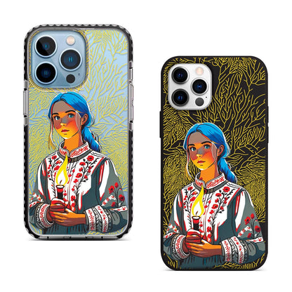 Ukrainian Candle Girl iPhone 16 Pro Max Case, Ethnic Art Phone Cover for iPhone 15 with MagSafe, Custom Folk Design Case