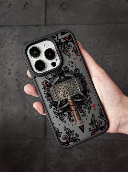 a person holding a phone case with a hammer in it