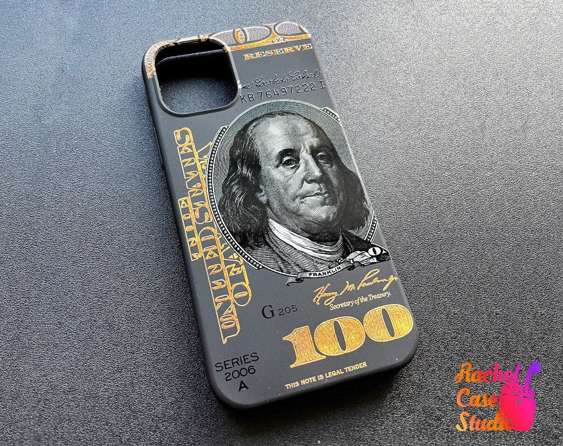 100 Dollar Bill iPhone 16 Pro Max Case One-Hundred-Dollar Bill MagSafe Compatible Silicone Case Benjamin Franklin iPhone Black Leather Case