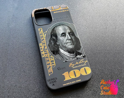 100 Dollar Bill iPhone 16 Pro Max Case One-Hundred-Dollar Bill MagSafe Compatible Silicone Case Benjamin Franklin iPhone Black Leather Case