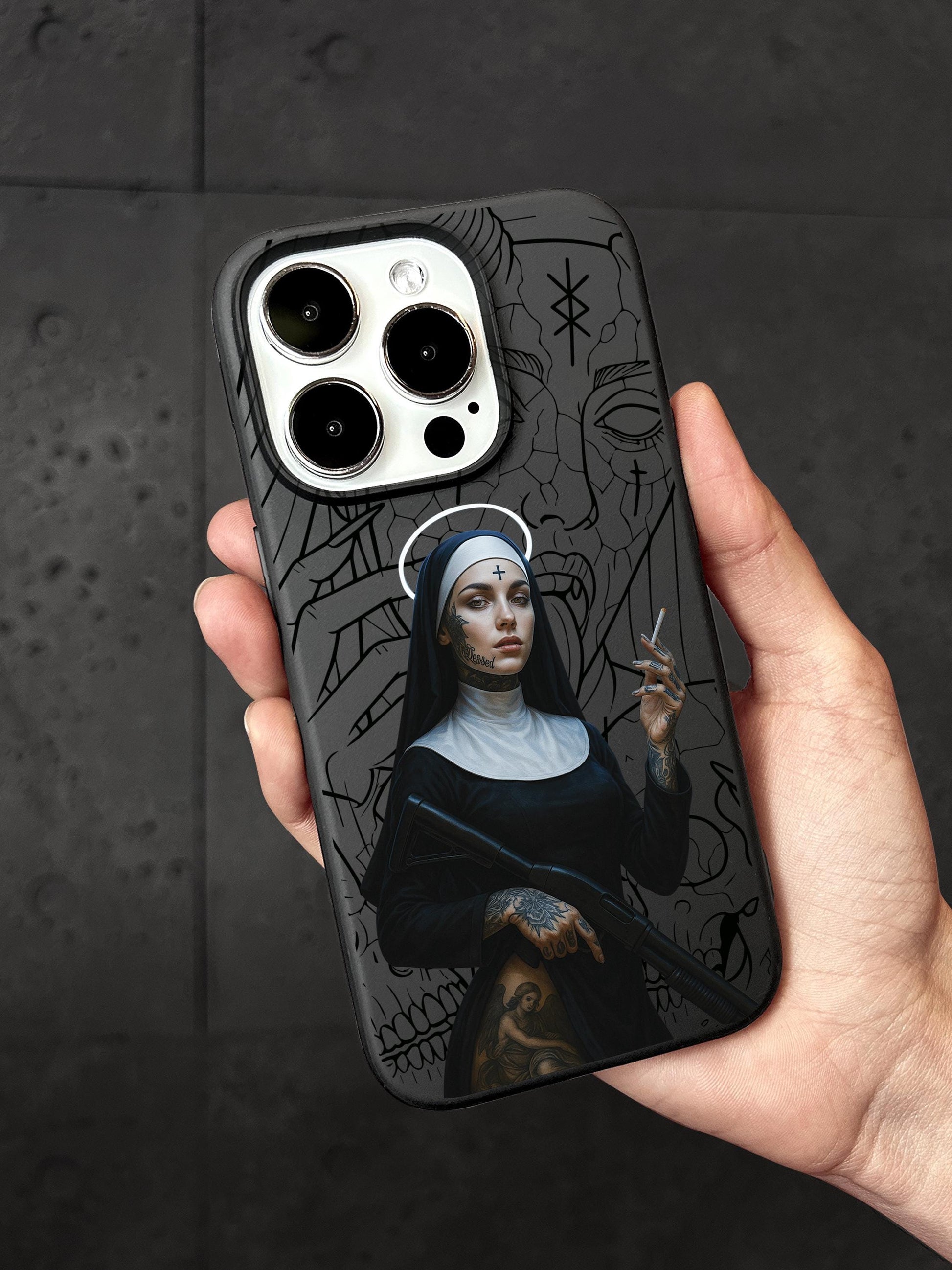 a hand holding a phone case with a painting of a nun holding a cigarette