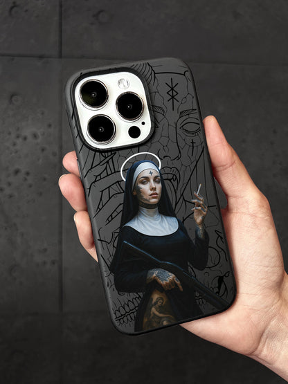 a hand holding a phone case with a painting of a nun holding a cigarette