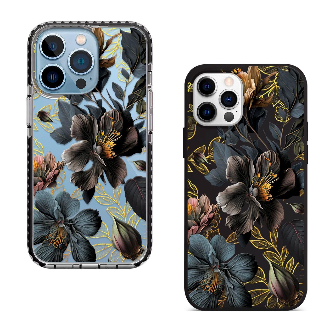 Dark Floral Bloom iPhone 16 pro max Case, Botanical Flower Cover for iPhone 15 with MagSafe, Black and Gold Custom Case