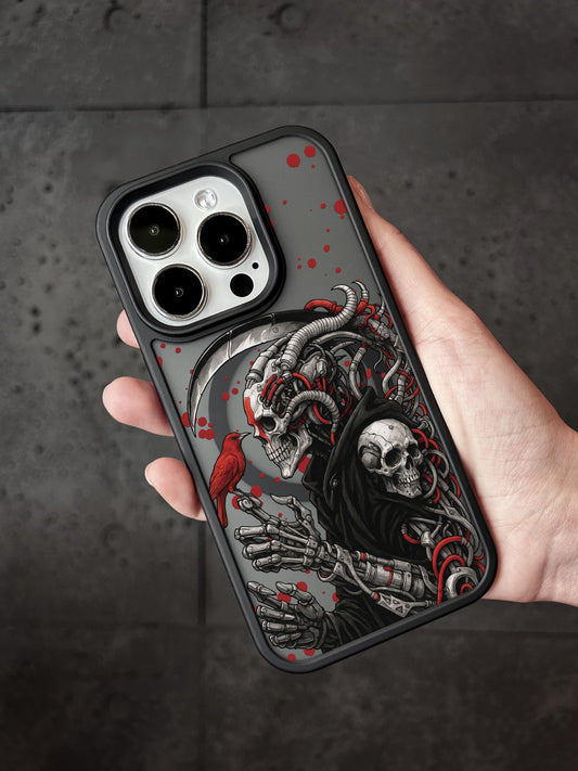A hand holding a phone case with a skull and crossbones design.