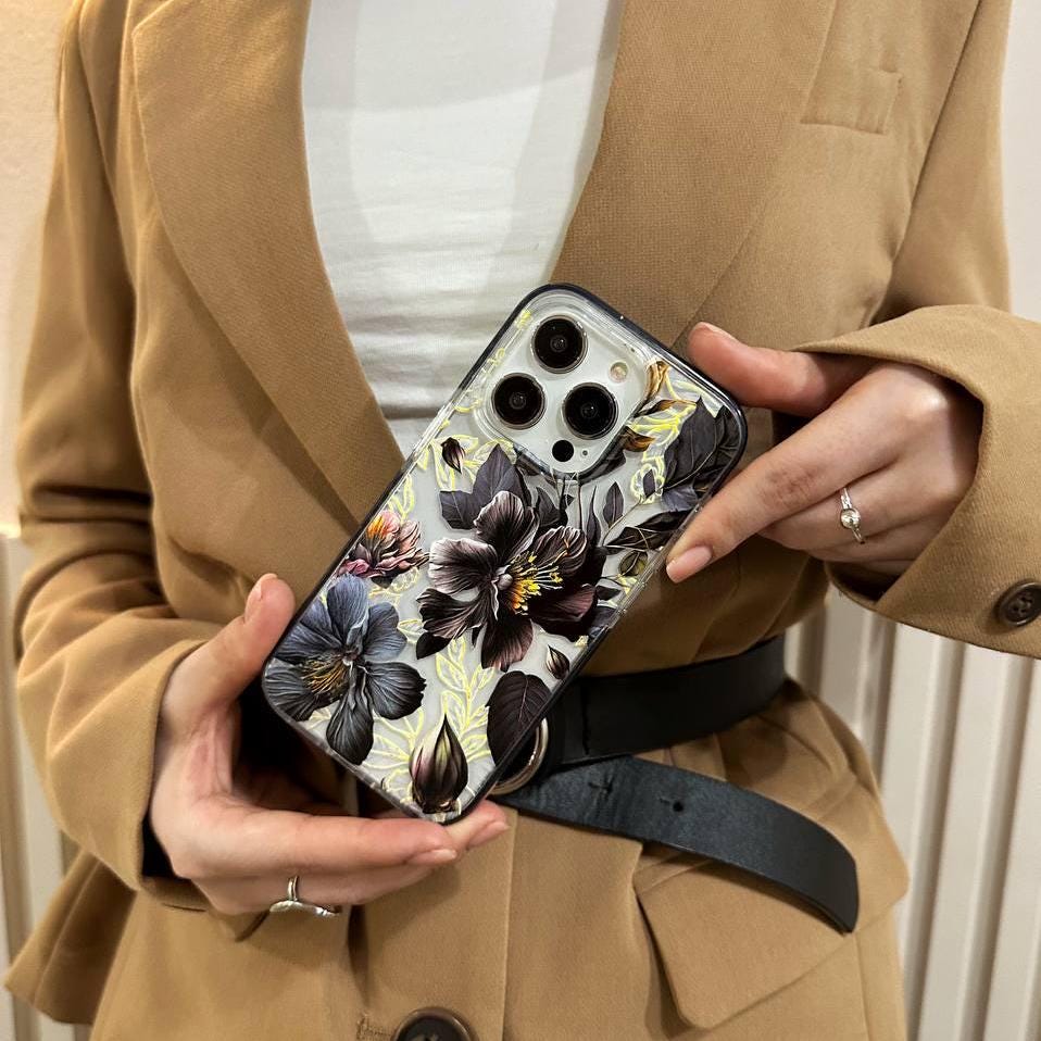 Dark Floral Bloom iPhone 16 pro max Case, Botanical Flower Cover for iPhone 15 with MagSafe, Black and Gold Custom Case