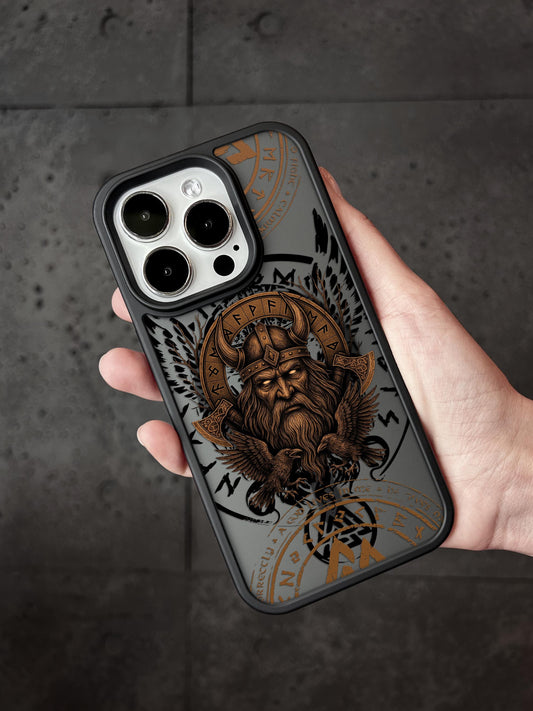a hand holding a phone case with a picture of a viking