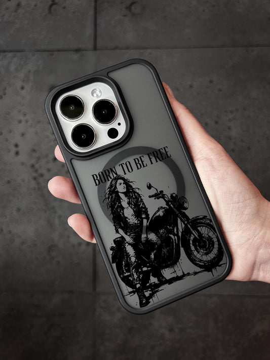 a person holding a phone case with a picture of a woman on a motorcycle
